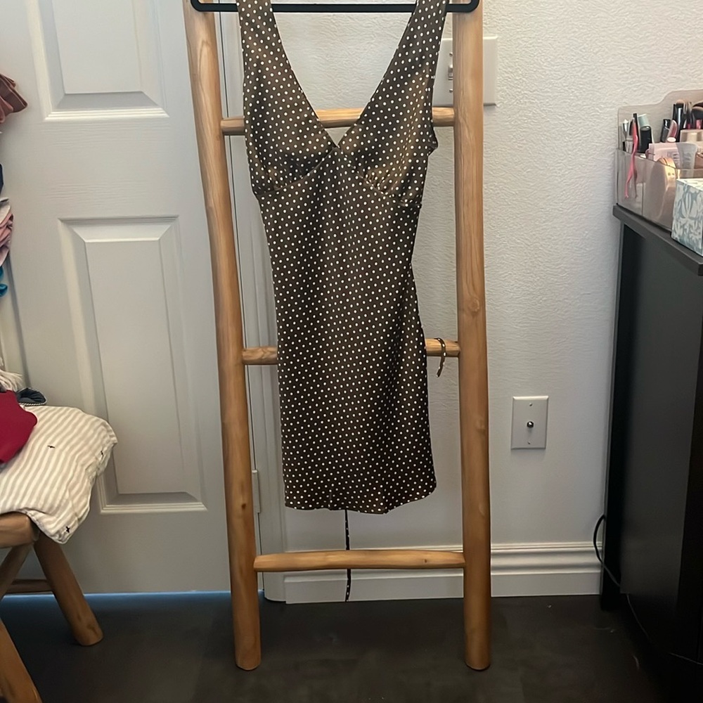 Frankie's Bikinis Brown and White Ruched Sheath Dress